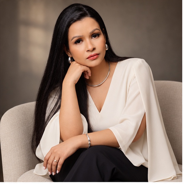 Retrato de Thayrine Queiróz sentada, pronta para conversar